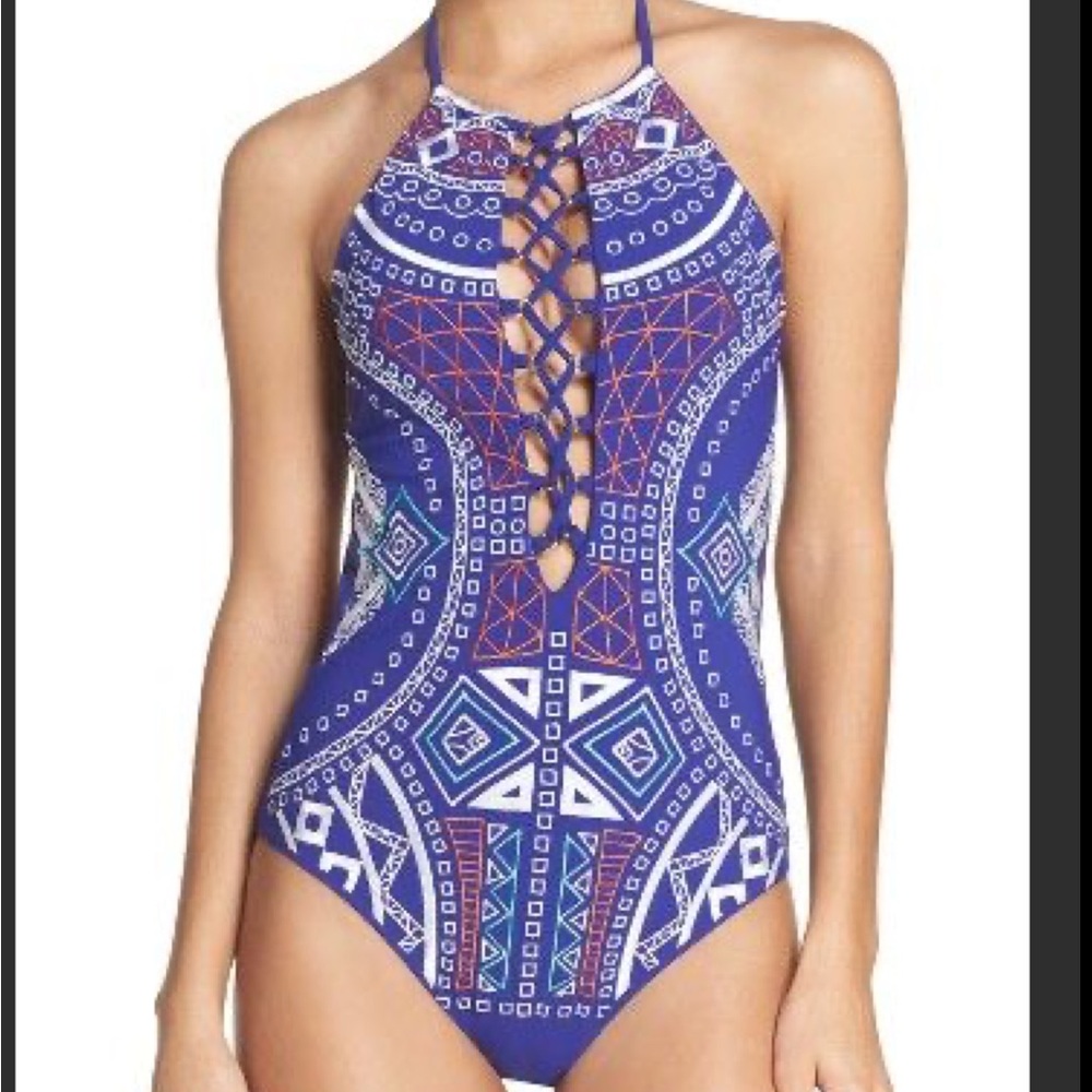Trina Turk Geometric Blue Halter Swimsuit